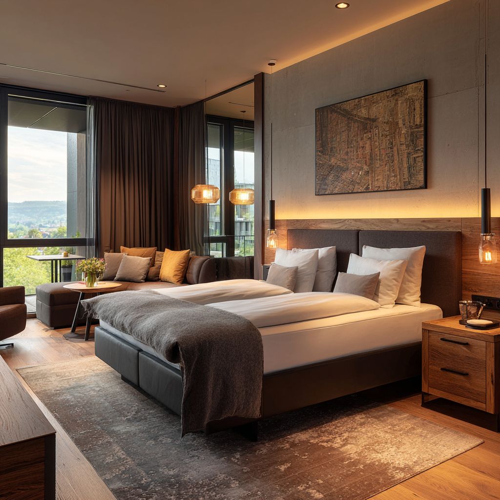 Double room photo placeholder with two beds and a simple work surface